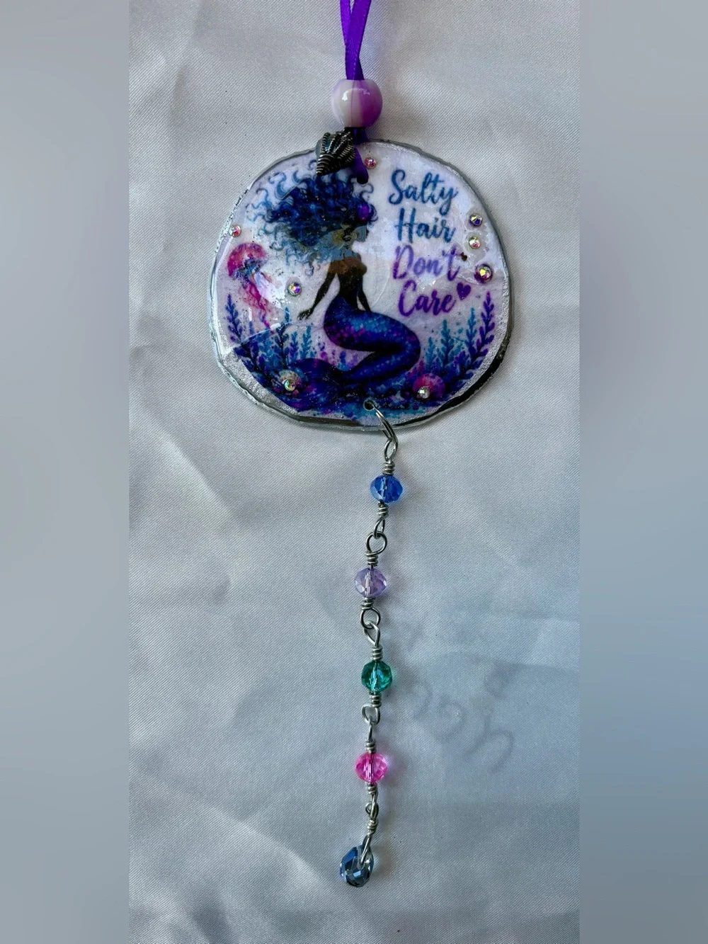 Decoupage Mermaid 'Salty Hair Don't Care' Purple Crystal Sand Dollar Suncatcher